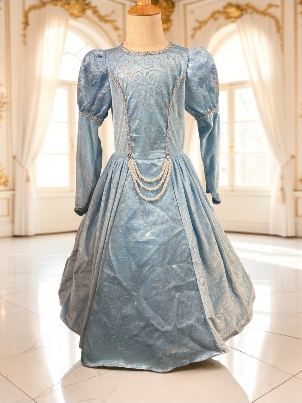 Cinderella-Inspired Light Blue Formal Dress for Girls with Pearl Chain
